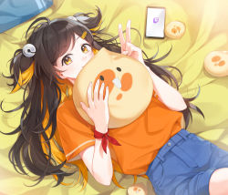 Rule 34 | 1girl, ahoge, bell, blonde hair, blue shorts, brown hair, closed mouth, hair bell, hair ornament, highres, looking at viewer, lying, multicolored hair, on back, on bed, orange shirt, original, pillow, s r2ang, shirt, short shorts, short sleeves, short twintails, shorts, smile, solo, tam tambourine, thighs, twintails, yellow eyes