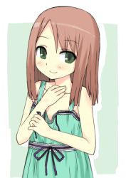 Rule 34 | 1girl, blush, bow, brown hair, collarbone, dress, eyebrows, flat chest, green background, green eyes, hand on own chest, ikura hato, looking at viewer, original, ribbon, short hair, simple background, sleeveless, sleeveless dress, smile, solo, sundress