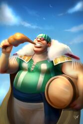 Rule 34 | 1boy, absurdres, bandana, barrel, boned meat, cloud, cloudy sky, eating, epaulettes, food, goggles, headband, highres, holding, holding barrel, holding food, ilustrasian, lucky roux, meat, one piece, realistic, sash, shirt, signature, sky, smile, solo, striped clothes, striped shirt, teeth, two-tone shirt, vertical-striped clothes, vertical-striped shirt