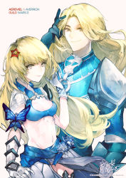 Rule 34 | 1boy, 1girl, armor, armored dress, bad id, bad pixiv id, bikini armor, blonde hair, blue flower, breasts, bug, butterfly, cleavage, cleavage cutout, clothing cutout, collar, dress, flower, full armor, gloves, guild wars (series), guild wars 1, guild wars 2, hair flower, hair ornament, highres, insect, long hair, looking at viewer, navel, red flower, shoulder armor, simple background, small breasts, smile, syolk