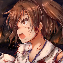 Rule 34 | 10s, 1girl, blood, brown eyes, brown hair, commentary, fire, japanese clothes, kaga (kancolle), kantai collection, kisa (k isa), open mouth, side ponytail, solo, tears, torn clothes