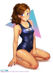 Rule 34 | 1girl, alternate hairstyle, bare arms, blue eyes, blue one-piece swimsuit, blush, breasts, brooke (mleth), brown hair, character name, collarbone, commentary, covered navel, earrings, english commentary, full body, hair pulled back, highres, jewelry, long hair, mleth, old school swimsuit, one-piece swimsuit, original, ponytail, school swimsuit, seiza, sitting, small breasts, solo, stud earrings, swimsuit, wavy hair