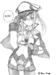 Rule 34 | 10s, 1girl, anchor, breasts, capelet, chicken99, commentary request, cup, german text, gloves, graf zeppelin (kancolle), greyscale, hair between eyes, hand on headwear, hat, highres, impossible clothes, jacket, kantai collection, long hair, long sleeves, looking at viewer, miniskirt, monochrome, mug, pantyhose, peaked cap, pleated skirt, sidelocks, simple background, skirt, small breasts, smile, solo, translated, twintails, twitter username, uniform, white background