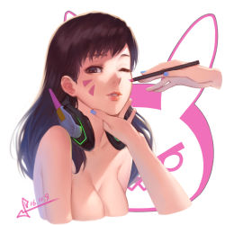 Rule 34 | 10s, 1girl, 2016, applying makeup, blue nails, breasts, brown eyes, brown hair, cleavage, collarbone, completely nude, d.va (overwatch), dated, facepaint, facial mark, hand on another&#039;s chin, headphones, headphones around neck, holding, light smile, long hair, looking at viewer, medium breasts, nail polish, nude, one eye closed, out-of-frame censoring, overwatch, overwatch 1, rabbit background, red lips, signature, simple background, solo focus, squidsmith, topless frame, upper body, whisker markings, white background