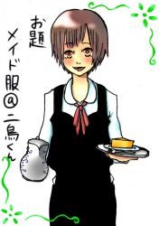 Rule 34 | 1boy, androgynous, brown hair, hourou musuko, nitori shuuichi, short hair, trap, waiter