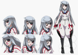 Rule 34 | 10s, 1girl, ahoge, blouse, boots, character sheet, expressions, eyepatch, frown, full body, grey hair, infinite stratos, jodhpurs, kurashima tomoyasu, laura bodewig, long hair, multiple views, official art, open mouth, pants, pants tucked in, production art, red eyes, shirt, standing, very long hair, white background, white shirt