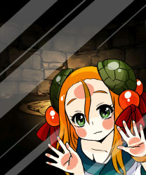 Rule 34 | 1girl, :3, against glass, bare shoulders, cheek squash, collarbone, fourth wall, glass, green eyes, hair bobbles, hair ornament, hair ribbon, hair strand, long hair, looking at viewer, meimei (p&amp;d), off shoulder, orange hair, pikomarie, puzzle &amp; dragons, red ribbon, reflection, ribbon, smile, solo, stone, stone wall, wall, wallpaper