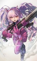 Rule 34 | 1girl, absurdres, alice (nikke), animal ear headphones, animal ears, bodysuit, breasts, clothes writing, covered navel, cropped jacket, dainillust, fake animal ears, fangs, full body, gloves, goddess of victory: nikke, grey hair, gun, headphones, highres, holding, holding gun, holding weapon, impossible bodysuit, impossible clothes, jacket, latex, latex bodysuit, long hair, medium breasts, open mouth, pink bodysuit, pink gloves, pink headphones, pink jacket, puffy sleeves, red eyes, rifle, scope, shoes, sidelocks, skin tight, sneakers, sniper rifle, solo, standing, standing on one leg, teeth, twintails, two-tone gloves, upper teeth only, weapon, white footwear, white gloves