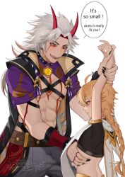 Rule 34 | 2boys, abs, absurdres, aether (genshin impact), ahoge, arataki itto, blonde hair, blush, bracelet, braid, breasts, brown eyes, commentary, crop top, earrings, english commentary, english text, genshin impact, gloves, hair between eyes, hair ornament, highres, horns, jewelry, long hair, long sleeves, male focus, multicolored hair, multiple boys, oni, oni horns, open mouth, oxygen (0220), pale skin, red eyes, simple background, single braid, sleeveless, smile, spiked bracelet, spikes, toned, toned male, vision (genshin impact), white background, white hair, yaoi, yellow eyes