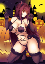 Rule 34 | 1girl, alternate color, animal ears, bat (animal), breasts, castle, cleavage, cosplay, elbow gloves, euforia, fate/grand order, fate (series), full moon, gloves, gluteal fold, halloween costume, jack-o&#039;-lantern, kneeling, large breasts, legs, long hair, looking at viewer, mash kyrielight, mash kyrielight (dangerous beast), mash kyrielight (dangerous beast) (cosplay), moon, navel, night, official alternate costume, purple gloves, purple hair, purple thighhighs, red eyes, scathach (fate), shielder (fate/grand order) (cosplay), solo, thighhighs, thighs, underboob, very long hair, wolf ears