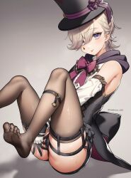 Rule 34 | 1boy, black gloves, black thighhighs, bow, brown hair, closed mouth, detached sleeves, eyes visible through hair, garter straps, genshin impact, gloves, hair over eyes, haruya (lajoon), hat, highres, knees up, long sleeves, looking at viewer, lyney (genshin impact), male focus, purple bow, purple eyes, simple background, sitting, smile, solo, sweat, thighhighs, tongue, tongue out, top hat, trap