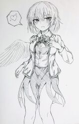 Rule 34 | 1girl, absurdres, blush, bow, bowtie, brooch, collared shirt, commentary request, feathered wings, greyscale, heart, highres, jacket, jewelry, kishin sagume, long sleeves, monochrome, open clothes, open jacket, open mouth, shirt, short hair, simple background, single wing, skirt, solo, spoken heart, touhou, white background, wings, yonoisan