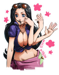 Rule 34 | 1girl, bad deviantart id, bad id, bankage, black hair, blue eyes, breasts, cleavage, extra arms, eyewear on head, glasses, hair in own mouth, hair slicked back, hana hana no mi, large breasts, leather vest, long hair, midriff, navel, nico robin, no bra, one piece, sarong, skirt, smile, solo, sunglasses, waving