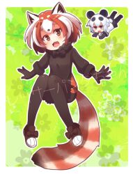 Rule 34 | 2girls, :3, :d, animal ears, black gloves, blush, bow, bowtie, breasts, brown eyes, chibi, ege s ki, floating, full body, fur collar, giant panda (kemono friends), gloves, kemono friends, lesser panda (kemono friends), looking at viewer, multicolored hair, multiple girls, open mouth, orange hair, red panda tail, shoes, small breasts, smile, two-tone hair, white hair