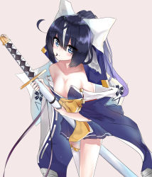 Rule 34 | 1girl, absurdres, artist request, azur lane, between legs, black hair, blue hair, bow, breasts, cleavage, collarbone, commentary request, hair bow, hair ribbon, highres, holding, holding weapon, katana, long hair, looking at viewer, ponytail, ribbon, small breasts, solo, sword, weapon, yoizuki (azur lane)