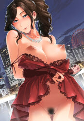 Rule 34 | 1girl, absurdres, bare shoulders, black nails, blush, breasts, brown hair, building, cityscape, clothes lift, collarbone, comic milf, commentary request, dress, dress lift, elbow gloves, female pubic hair, ferris wheel, gloves, gluteal fold, hand on railing, highres, jewelry, large breasts, long hair, looking at viewer, mole, mole under mouth, nail polish, necklace, night, night sky, nipples, original, perky breasts, ponytail, pubic hair, red dress, red gloves, schelz, sky, skyscraper, smile, solo, thigh gap, undressing