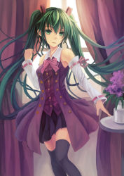 Rule 34 | 1girl, bad id, bad pixiv id, catsmoon, curtains, detached sleeves, flower, green eyes, green hair, hatsune miku, highres, long hair, matching hair/eyes, skirt, solo, thighhighs, twintails, very long hair, vocaloid, window