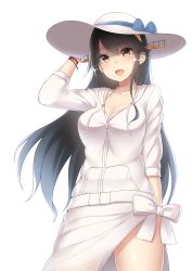 Rule 34 | 10s, 1girl, :d, alternate costume, arm up, bikini, black hair, blue ribbon, breasts, cleavage, collarbone, eyebrows, fang, hand on headwear, haruna (kancolle), hat, headgear, highres, hood, hoodie, jacket, kantai collection, large breasts, long hair, long sleeves, md5 mismatch, open mouth, ribbon, sarong, simple background, smile, solo, sun hat, swimsuit, usa b, white background, white bikini, white hat, white jacket, white ribbon, yellow eyes, zipper