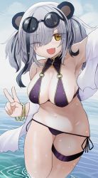Rule 34 | 1girl, animal ears, arknights, arm up, bare shoulders, bikini, blush, bracelet, breasts, cleavage, eyes visible through hair, eyewear on head, fang, feater (arknights), grey hair, hair over one eye, hand up, highres, izuoku, jewelry, long hair, looking at viewer, medium breasts, multicolored hair, navel, o-ring, o-ring bikini, o-ring top, one eye closed, open mouth, outstretched arm, panda ears, purple bikini, shawl, side-tie bikini bottom, skin fang, smile, solo, streaked hair, sunglasses, swimsuit, thigh strap, twintails, v, wading, wet, wet hair, yellow eyes