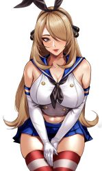 Rule 34 | 1girl, black hairband, black neckerchief, black panties, blonde hair, blue sailor collar, blue skirt, breasts, cosplay, creatures (company), crop top, cynthia (pokemon), elbow gloves, game freak, gloves, grey eyes, hair over one eye, hairband, highleg, highleg panties, highres, kantai collection, large breasts, lipstick, long hair, looking at viewer, makeup, microskirt, navel, neckerchief, nintendo, panties, pleated skirt, pokemon, pokemon dppt, red lips, sailor collar, shimakaze (kancolle), shimakaze (kancolle) (cosplay), simple background, sitting, skirt, solo, striped clothes, striped thighhighs, thighhighs, thong, underwear, very long hair, volyz, white background, white gloves