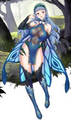 Rule 34 | 1girl, alternate costume, alternate hairstyle, bare shoulders, blue hair, blush, breasts, brown eyes, cleavage, clothing cutout, detached sleeves, dress, fake wings, fire emblem, fire emblem: three houses, fire emblem heroes, fire emblem warriors: three hopes, flower, hair down, hair ornament, highres, igni tion, large breasts, long hair, looking at viewer, marianne von edmund, multicolored clothes, multicolored dress, nintendo, official alternate hairstyle, side cutout, smile, solo, stomach cutout, thighhighs, wings