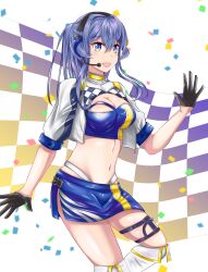 Rule 34 | 1girl, absurdres, bandeau, black gloves, blue bandeau, blue eyes, blue hair, blue skirt, breasts, checkered background, checkered clothes, cleavage, crop top, cropped jacket, gloves, gotland (kancolle), half gloves, headphones, headset, highleg, highleg panties, highres, jacket, kantai collection, large breasts, long hair, looking at viewer, microphone, miniskirt, mole, mole under eye, nipa (graf xsr900), official alternate costume, panties, ponytail, race queen, skirt, solo, underwear, white jacket, white panties