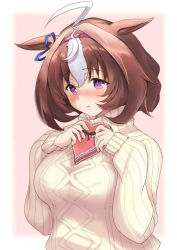 Rule 34 | 1girl, @ @, ahoge, animal ears, aran sweater, beige sweater, black ribbon, blue ribbon, blush, bow, breasts, brown hair, cable knit, ear ribbon, gift, hairband, heart, holding, horse ears, horse girl, inaka pan, large breasts, long sleeves, looking at viewer, meisho doto (umamusume), multicolored hair, parted lips, pink background, purple eyes, ribbed sweater, ribbon, short hair, solo, streaked hair, sweater, turtleneck, turtleneck sweater, umamusume, upper body, white hair