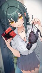 Rule 34 | 1girl, absurdres, black bow, black bra, black ribbon, blue hair, blush, bow, box, box of chocolates, bra, unworn bra, breasts, cleavage, collared shirt, commentary request, crossed bangs, gift, gift box, green hair, grey skirt, grin, hair between eyes, hair intakes, highres, holding, holding box, holding bra, holding clothes, holding gift, holding underwear, incoming gift, indoors, itohana, large breasts, long hair, looking at viewer, original, partially undressed, pleated skirt, removing bra under shirt, ribbon, school uniform, shirt, sidelocks, skirt, smile, solo, underwear, undressing, valentine, white shirt, yellow eyes