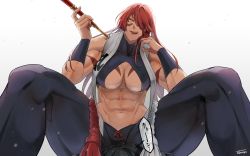 Rule 34 | 1girl, abs, biceps, body markings, breasts, broad shoulders, cleavage, dougi, facial mark, fuuma kotarou (tenkaichi), hair over one eye, halterneck, halterneck, hand on own chin, highres, holding, holding smoking pipe, japanese clothes, kiseru, licking lips, long hair, looking at viewer, muscular, muscular female, pants, red hair, revealing clothes, signature, simple background, sitting, sitting on person, smoking pipe, solo, speech bubble, spread legs, sunsirou, tenkaichi nihon saikyou bugeisha ketteisen, thick thighs, thighs, tight clothes, tight pants, tongue, tongue out, white background, wristband, yellow eyes