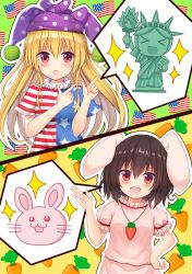 Rule 34 | &gt; &lt;, 2girls, :d, > <, absurdres, american flag, animal ears, blonde hair, blush, brown hair, carrot necklace, clownpiece, commentary request, dress, hat, highres, inaba tewi, jester cap, long hair, multiple girls, neck ruff, necklace, open mouth, pink dress, pointing, polka dot, puffy short sleeves, puffy sleeves, purple headwear, rabbit, rabbit ears, red eyes, short sleeves, smile, statue of liberty, suigetsu (watermoon-910), touhou, xd