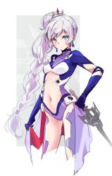 Rule 34 | 1girl, blue eyes, bodysuit, breasts, clothing cutout, commentary, earrings, english commentary, highres, iesupa, jewelry, leotard, long hair, multicolored bodysuit, multicolored clothes, myrtenaster, navel, neon genesis evangelion, plugsuit, ponytail, rapier, rwby, scar, scar across eye, scar on face, side ponytail, small breasts, solo, stomach cutout, sword, weapon, weiss schnee, white hair