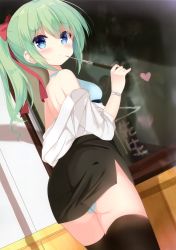 Rule 34 | 1girl, absurdres, ai ai gasa, artist request, ass, bare shoulders, black skirt, black thighhighs, blue bra, blue eyes, blue panties, blush, bow, bra, breasts, chalkboard, closed mouth, dutch angle, from behind, green hair, hair between eyes, hair bow, heart, highres, holding, holding pointer, long hair, looking at viewer, looking back, non-web source, off shoulder, open clothes, open shirt, original, panties, pencil skirt, pointer, ponytail, red bow, shirt, sidelocks, skirt, small breasts, solo, standing, thighhighs, underwear, white shirt