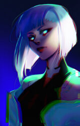 Rule 34 | 1girl, bakamitaii, blue background, blue eyes, blunt bangs, commentary, cyberpunk (series), cyberpunk edgerunners, english commentary, eyeliner, glitch, glowing, glowing eyes, gradient background, heattech leotard, highres, leotard, looking at viewer, lucy (cyberpunk), makeup, red eyeliner, red lips, short hair, solo, turtleneck, upper body, white hair