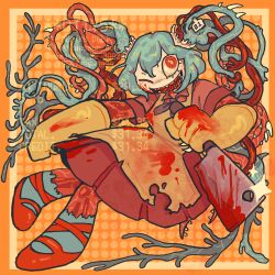 Rule 34 | 1girl, apron, blood, blood on clothes, borrowed design, cleaver, draw this in your style challenge, dress, gloves, hatsune miku, highres, one eye closed, open mouth, red dress, red eyes, red footwear, sharp teeth, shoes, short sleeves, smile, solo, teamiibo, teeth, twintails, vocaloid, yellow apron, yellow gloves, yellow pupils