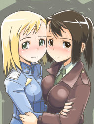 Rule 34 | 2girls, asymmetrical docking, blonde hair, blush, breast press, breasts, brown eyes, brown hair, buttons, cheek-to-cheek, collared shirt, elma leivonen, formal, geena preddy, green eyes, grey background, heads together, large breasts, long hair, long sleeves, looking at viewer, military, military uniform, multiple girls, necktie, noble witches, ponytail, shirt, simple background, small breasts, smile, strike witches, strike witches: suomus misfits squadron, suit, tareme, uniform, vt (ytoh02), world witches series, yuri
