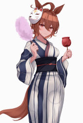 Rule 34 | 1girl, agnes tachyon (umamusume), ahoge, animal ears, brown hair, candy apple, closed mouth, commentary request, cotton candy, cowboy shot, food, fox mask, hair between eyes, highres, holding, holding food, horse ears, horse girl, horse tail, japanese clothes, kimono, looking at viewer, mask, oil-paper umbrella, peperoncino-sama, red eyes, short hair, simple background, smile, solo, striped, striped kimono, tail, umamusume, umbrella, white background