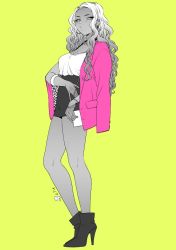 Rule 34 | 1girl, armlet, bag, blonde hair, blouse, bracelet, breasts, butakun, cleavage, commentary request, curly hair, dark-skinned female, dark skin, ear piercing, earrings, full body, gradient hair, greyscale with colored background, gyaru, handbag, high heels, jewelry, long hair, looking at viewer, looking to the side, medium breasts, miniskirt, mole, mole under mouth, multicolored hair, multiple bracelets, original, photoshop (medium), piercing, pink hair, shirt, signature, simple background, skirt, solo, standing, thighs, very long hair, yellow background