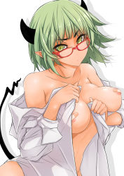 Rule 34 | 1girl, bandaid, bandaids on nipples, bare shoulders, breasts, glasses, green eyes, green hair, highres, horns, maru-pen, medium breasts, open clothes, open shirt, original, pasties, pointy ears, pout, red-framed eyewear, shirt, short hair, solo, white shirt
