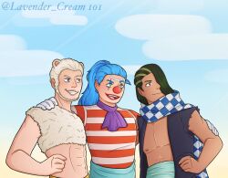 Rule 34 | 3boys, abs, animal ears, artist name, asymmetrical bangs, beard, blue hair, buggy the clown, cabaji, closed mouth, clown nose, facial hair, facial mark, gloves, hair over one eye, highres, lavender-clown, long hair, low ponytail, male focus, mohji, multicolored hair, multiple boys, one piece, open mouth, ponytail, red nose, scarf, shirt, short hair, smile, striped clothes, striped shirt, teeth, two-tone hair, white gloves, white hair