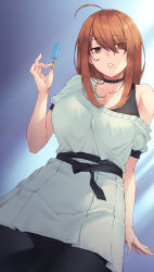 Rule 34 | 1girl, :o, ahoge, arm support, brown eyes, brown hair, choker, collarbone, food, highres, jitome, jjune, long hair, looking at viewer, mole, mole under mouth, off shoulder, popsicle, solo