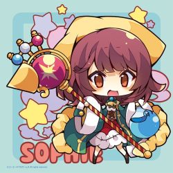 Rule 34 | 1girl, :d, atelier (series), atelier sophie, blue background, blush, breasts, brown eyes, brown hair, character name, chibi, coat, copyright notice, frilled skirt, frills, full body, green coat, head scarf, holding, holding staff, long sleeves, looking at viewer, medium breasts, multicolored hair, muuran, official art, open clothes, open coat, open mouth, potion, red skirt, skirt, smile, solo, sophie neuenmuller, staff, standing, star (symbol), starry background, two-tone hair, underbust, watermark, wide sleeves