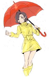 Rule 34 | 1girl, boots, bow, brown eyes, brown hair, creatures (company), day, drawfag, game freak, holding, holding umbrella, jacket, nintendo, outdoors, parasol lady (pokemon), pokemon, pokemon xy, rain, red umbrella, rubber boots, short hair, simple background, sketch, skirt, solo, standing, umbrella, yellow bow, yellow footwear, yellow jacket, yellow skirt