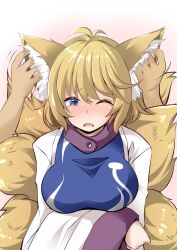 Rule 34 | 1girl, 1other, ;o, animal ear fluff, animal ears, antenna hair, blonde hair, blue eyes, breasts, commentary request, fox ears, fox girl, fox tail, hand on another&#039;s ear, highres, kitsune, large breasts, long sleeves, multiple tails, one eye closed, open mouth, short hair, solo focus, sunaguma, tabard, tail, touhou, upper body, wide sleeves, yakumo ran