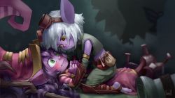 Rule 34 | 2girls, barefoot, blush, brown eyes, colored skin, eye contact, girl on top, goggles, goggles on head, green eyes, hat, kneeling, league of legends, looking at another, lulu (league of legends), lying, multiple girls, on back, pinned, pointy ears, purple hair, purple skin, silver hair, skence, straddling, toeless legwear, toes, tristana, wavy mouth, witch hat, yuri