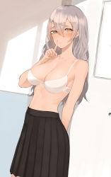 Rule 34 | 1girl, bare arms, bare shoulders, black skirt, blush, bra, breasts, brown eyes, cleavage, finger to mouth, grey hair, hair between eyes, hand up, highres, indoors, long hair, medium breasts, navel, no shirt, original, parted lips, pleated skirt, shushing, skirt, solo, throtem, underwear, very long hair, white bra, window