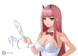 Rule 34 | 1girl, animal ears, bare arms, bare shoulders, bow, bowtie, breasts, cleavage, collarbone, commentary request, darling in the franxx, detached collar, dot nose, eyelashes, fake animal ears, green eyes, hairband, highres, horns, instagram username, large breasts, leotard, long bangs, long hair, looking at viewer, open mouth, playboy bunny, red bow, red bowtie, red hair, shadow, shio aw, simple background, solo, strapless, strapless leotard, unworn hairband, upper body, v-shaped eyebrows, white background, white leotard, wrist cuffs, zero two (darling in the franxx)