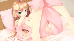 Rule 34 | 1girl, barefoot, bed, bed sheet, blue eyes, blush, breasts, brown hair, cameltoe, ciel nosurge, cleft of venus, covering privates, covering breasts, crotch cutout, flower, gust, hair flower, hair ornament, highres, ionasal kkll preciel, long hair, looking at viewer, lying, open clothes, open mouth, open shirt, pajamas, panties, pillow, shirt, shokuyou mogura, solo, surge concerto, underwear