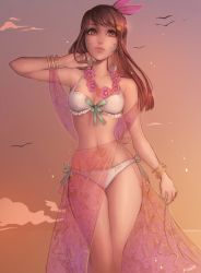 Rule 34 | 1girl, artist name, bad id, bad tumblr id, bikini, bird, breasts, brown eyes, brown hair, collarbone, cowboy shot, d.va (overwatch), facial mark, flower, flower necklace, frilled bikini, frills, front-tie bikini top, front-tie top, green nails, hair ornament, highres, jewelry, lei, looking at viewer, making-of available, matilda fiship, nail polish, necklace, orange sky, outdoors, overwatch, overwatch 1, sarong, see-through, side-tie bikini bottom, signature, sky, small breasts, solo, swimsuit, twilight, whisker markings, white bikini