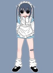Rule 34 | 1girl, apron, bandaid, bandaid on knee, bandaid on leg, black eyes, black footwear, blue dress, blue hair, dilated pupils, dress, explosion psycho, frilled apron, frilled hairband, frills, full body, grey background, hair over eyes, hairband, hands in pockets, highres, leaning forward, looking at viewer, loose socks, maid, mary janes, original, shoes, socks, solo, tongue, tongue out, twintails