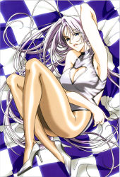 Rule 34 | 1girl, absurdres, antenna hair, arm behind head, arm up, armpits, blue eyes, breasts, casual one-piece swimsuit, cleavage, cleavage cutout, clothing cutout, flag, heart, heart cutout, high heels, highres, large breasts, lipstick, long hair, long legs, lying, makeup, natsume maya, on side, one-piece swimsuit, pantyhose, purple hair, race queen, shoes, silver hair, solo, swimsuit, tenjou tenge
